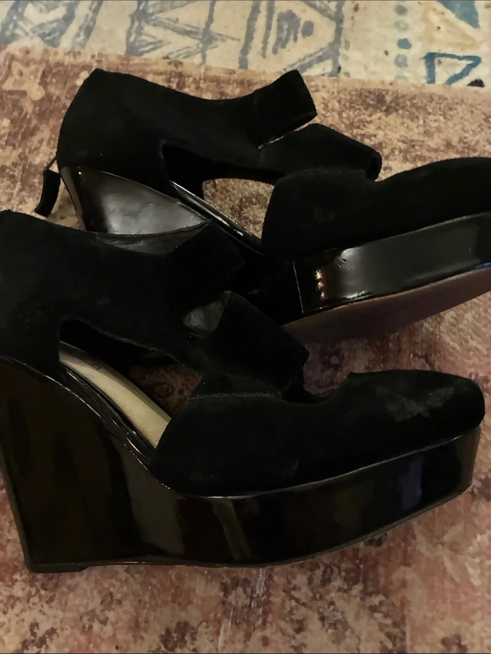 Rosegold Shoes Black Suede Cutout Wedge Heels 39